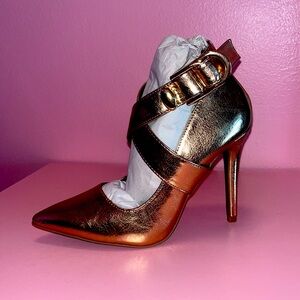 NEW Metallic Rose Gold Stiletto Heels Pumps Glam Party Pointed Strappy Dressy